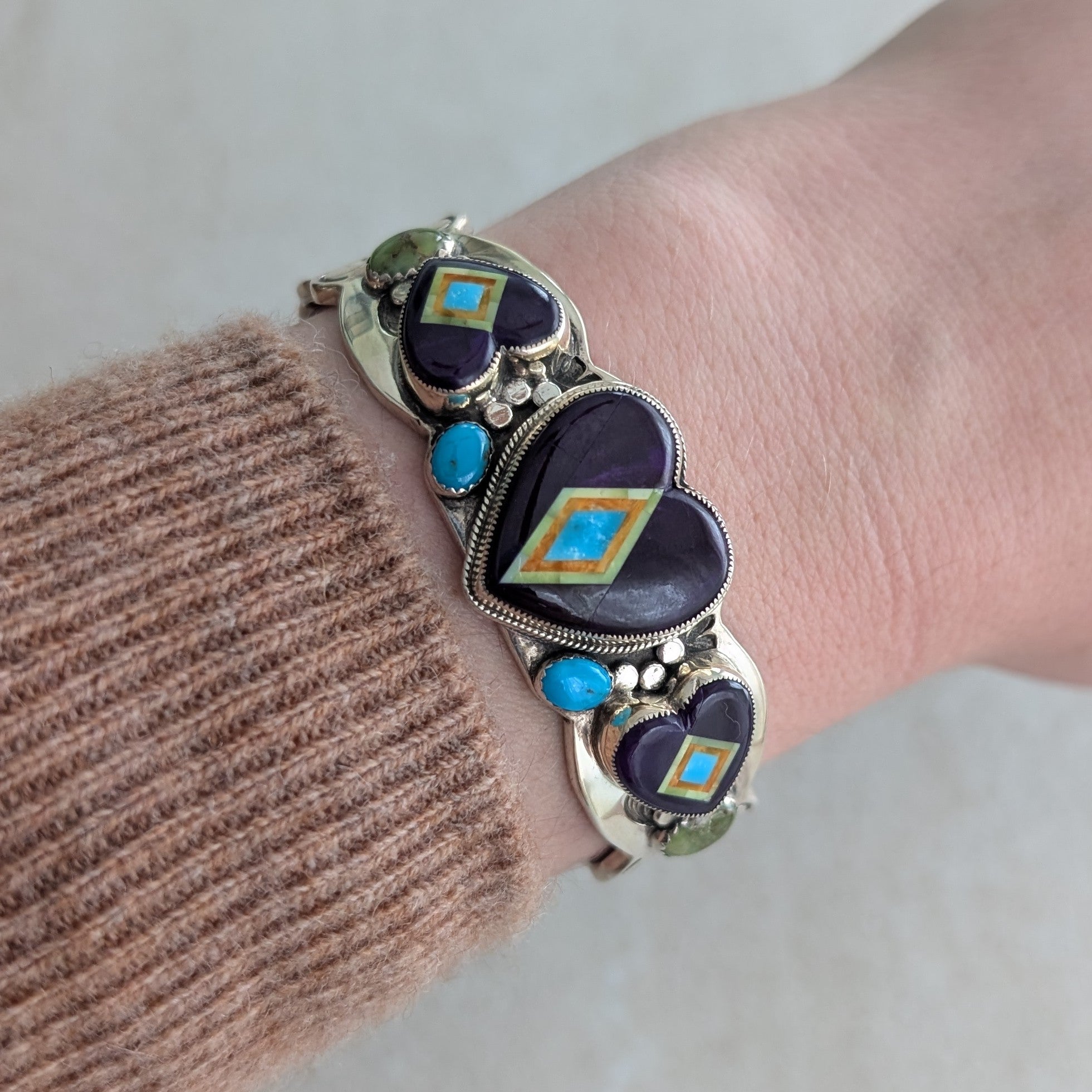 Sterling Silver Large Sugilite Hearts Inlay with Turquoise Hand Stamped Cuff Bracelet